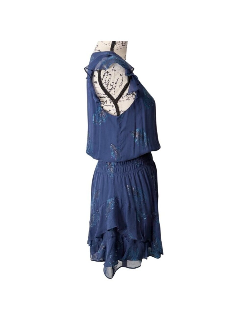 Ramy Brook Womens XS Silk Mini Dress Blue Metallic Feather Print Chiffon Ruffle - Picture 2 of 8
